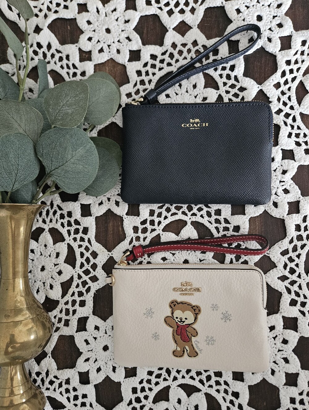 COACH Aesthetic Wristlet Bundle Cozy Holiday Bear & Classic Navy Like New